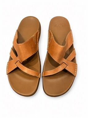 Clarks Leather Comfort Slide Sandals Women's Size 11 Tan Cognac